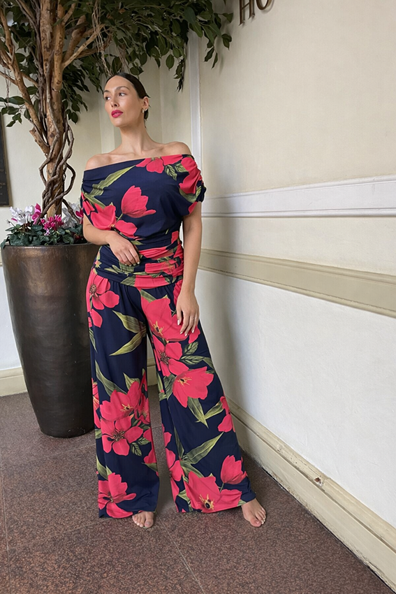 Atom Label Carbon Fuchsia Lily Print Jumpsuit