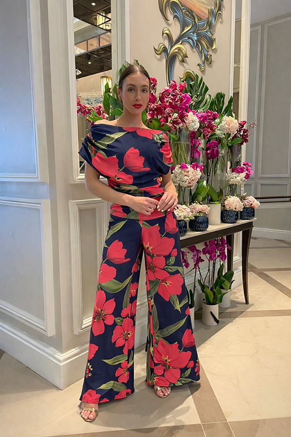 Atom Label Carbon Fuchsia Lily Print Jumpsuit