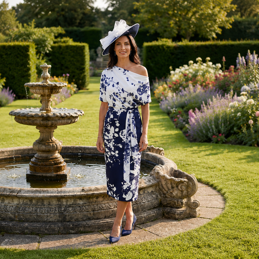 Veromia Occasions 3122 Navy Ivory Patterned Straight Dress
