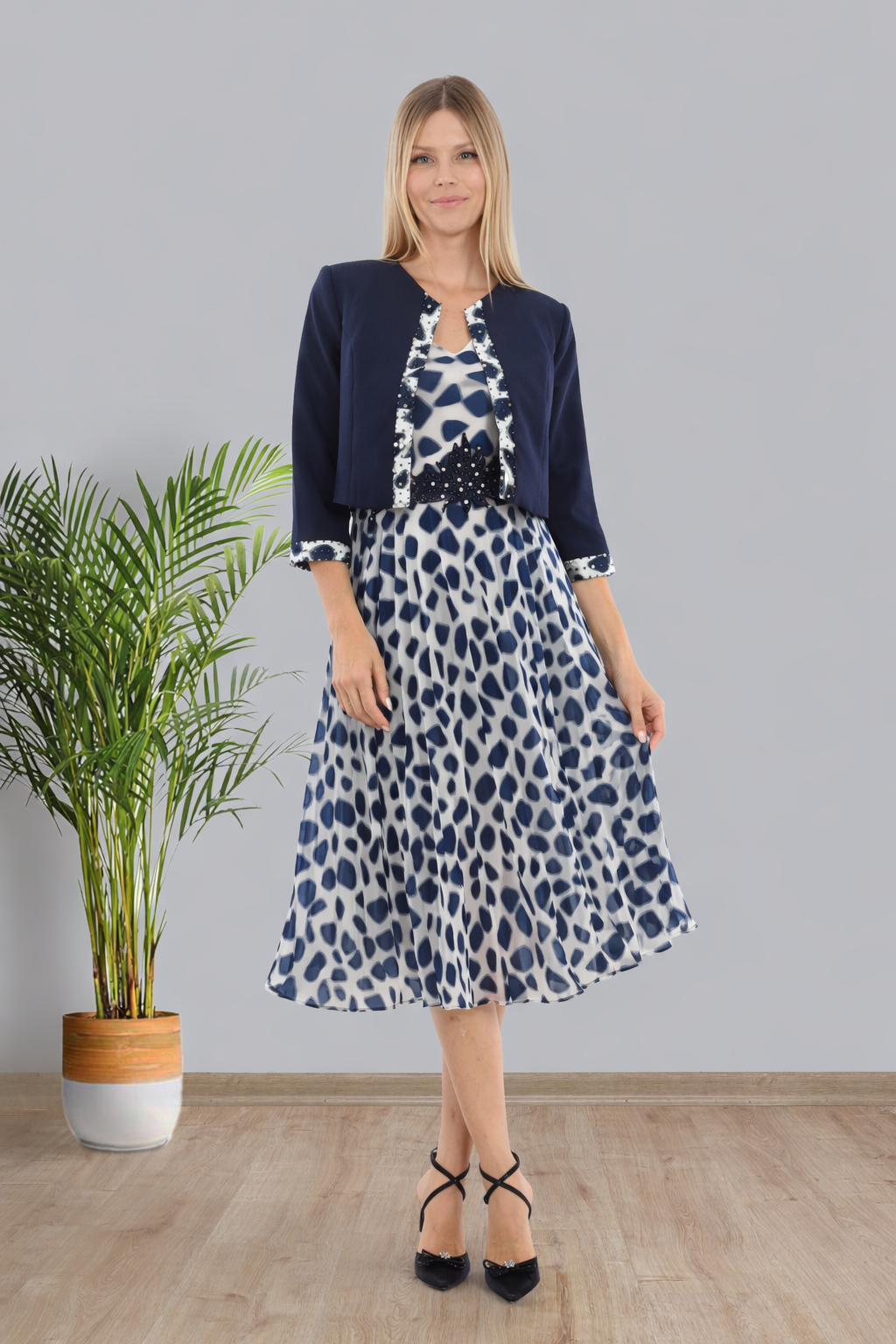 lizabella 7401 navy mother of the bride suit with a line dress