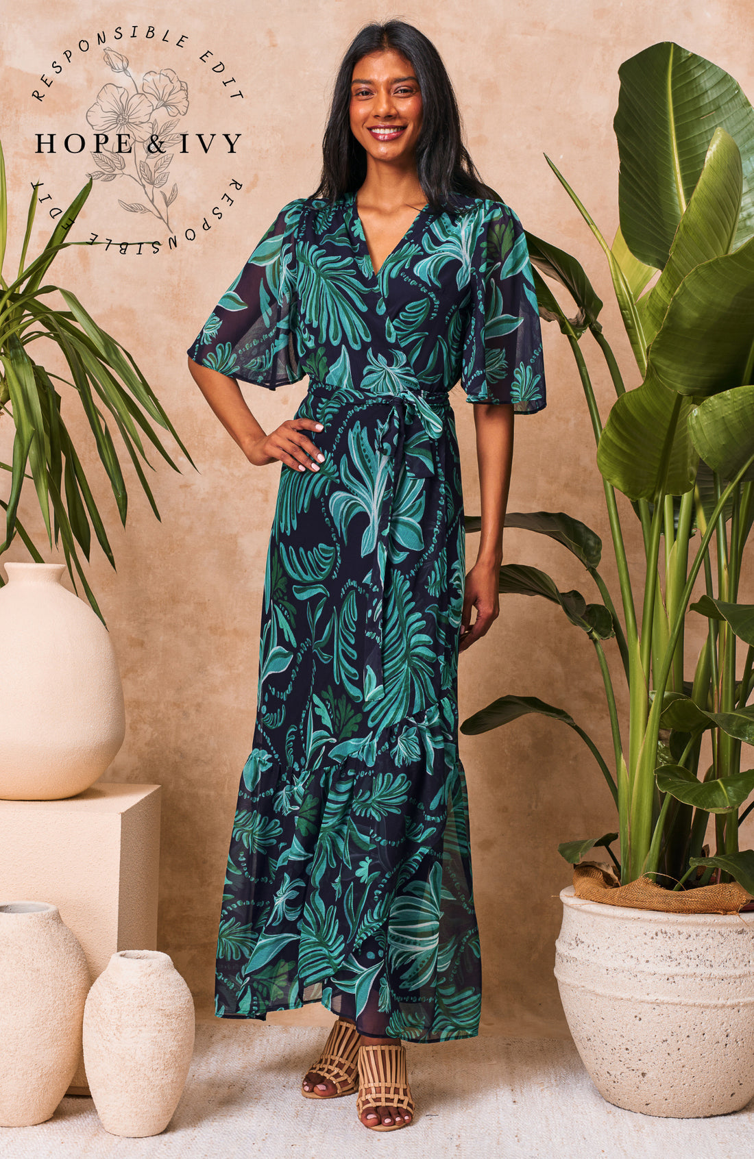 Hope & Ivy Magda Green Patterned Maxi Wrap Dress