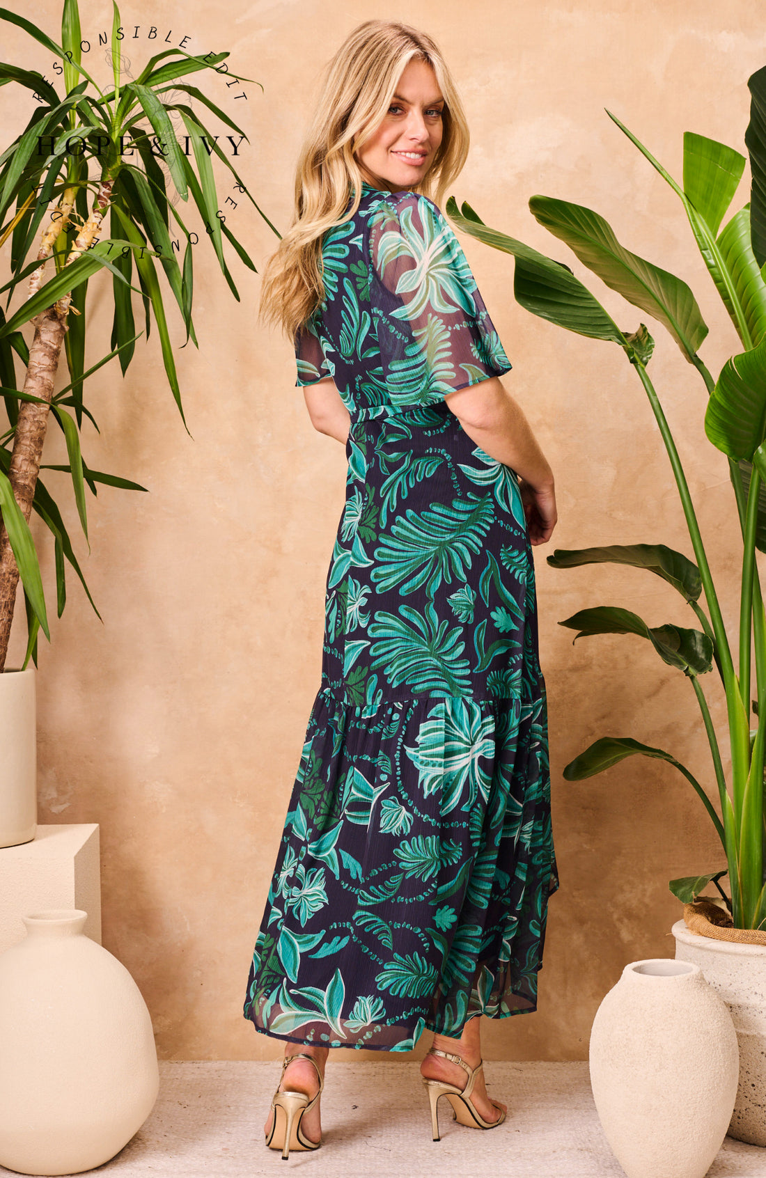 Hope & Ivy Magda Green Patterned Maxi Wrap Dress