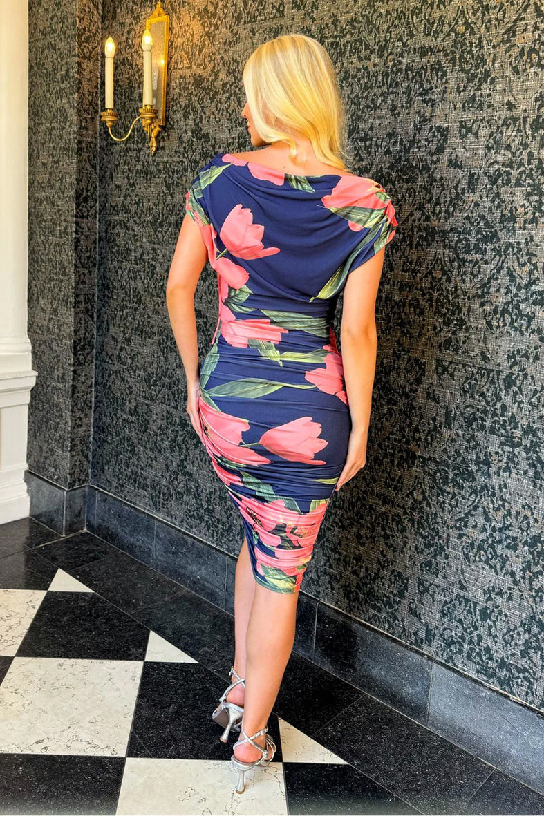 Indulge in summer sophistication with our OXYGEN Jersey Dress in navy &amp; coral floral.