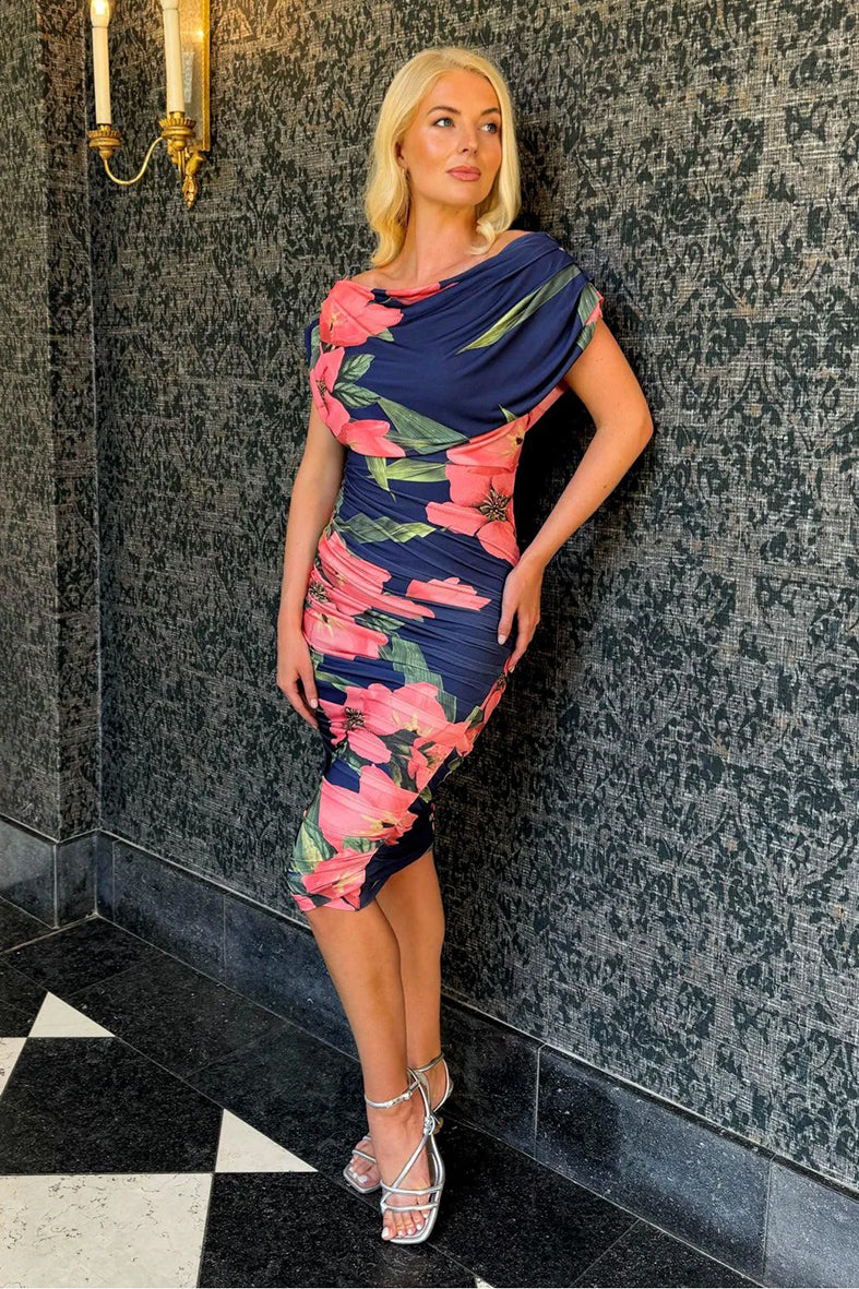 Indulge in summer sophistication with our OXYGEN Jersey Dress in navy &amp; coral floral.