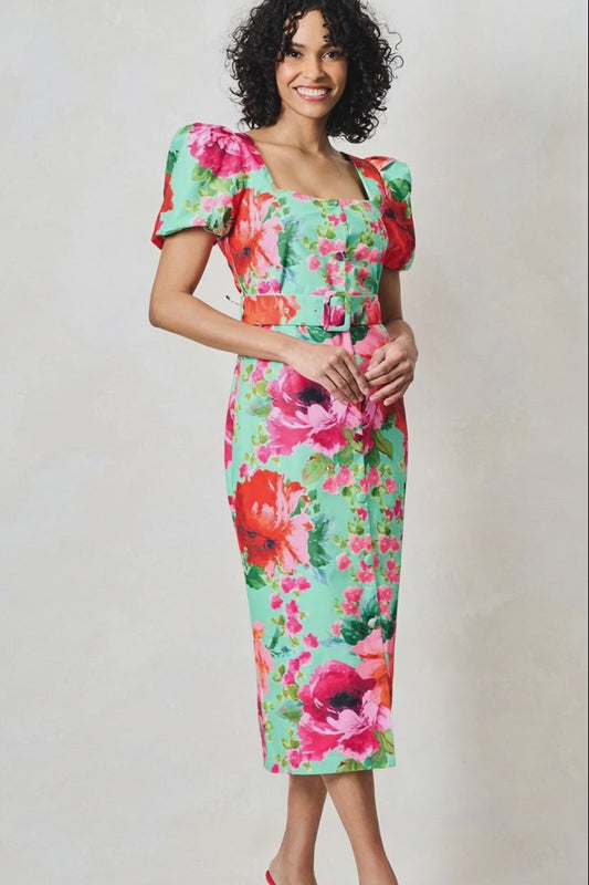 Hope & Ivy Rowena Green & Pink Floral Straight Dress