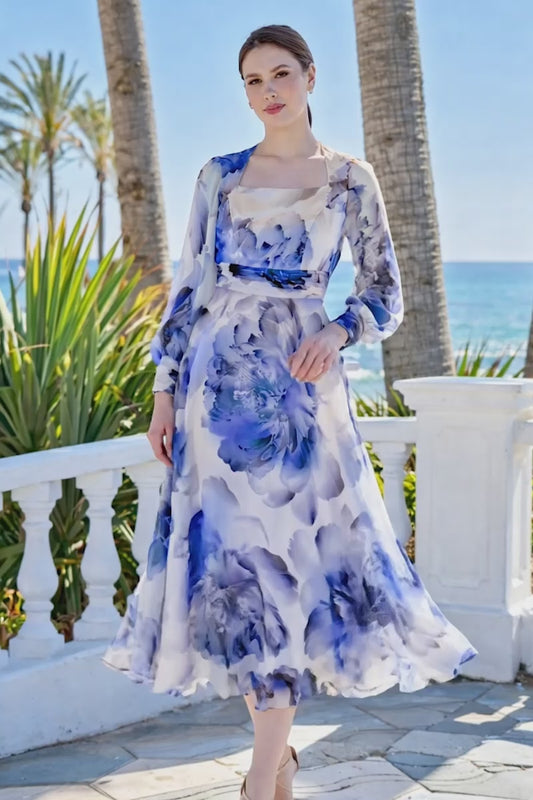 Sonia Peña 0002 Blue Floral  Dress A Line Dress