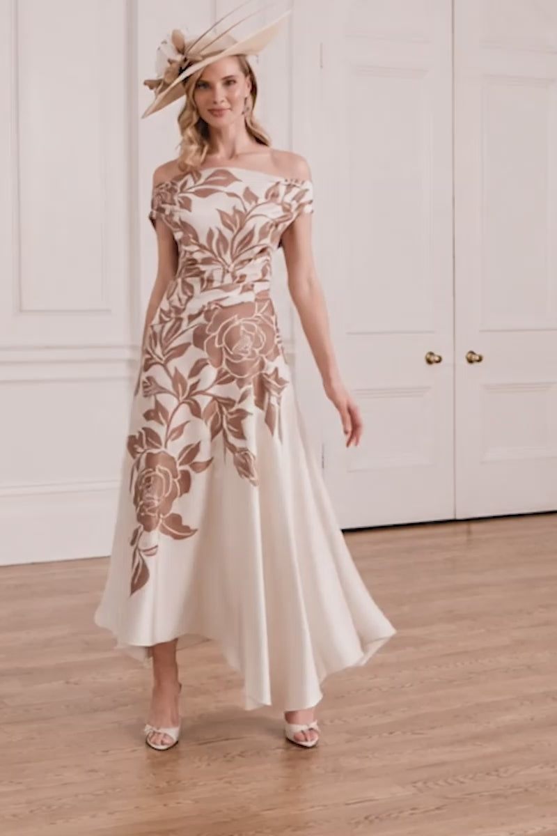 John Charles 66780 Mocha/Ivory Printed A Line Mother Of The Bride Dress