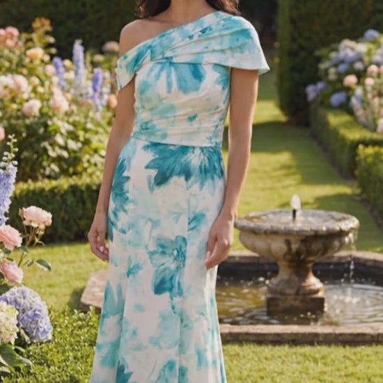 Veromia Occasions 3123 Teal Ivory Patterned Mother Of The Bride Dress
