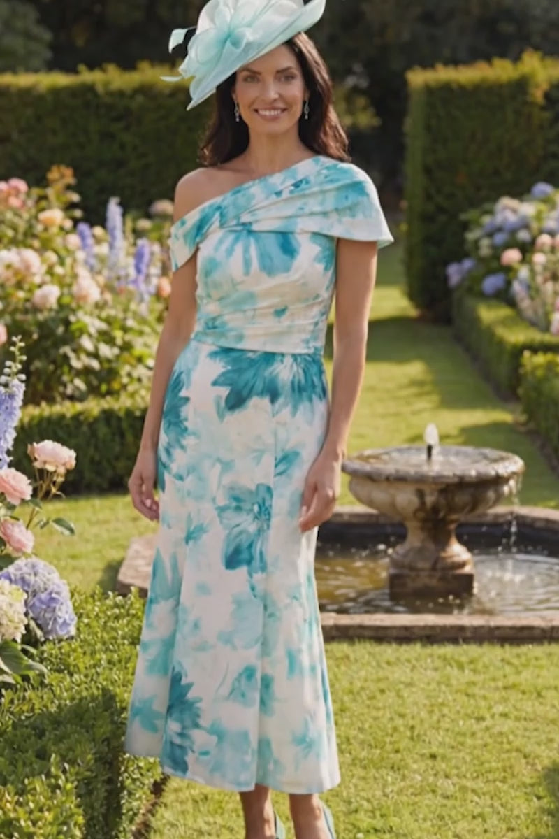 Veromia Occasions 3123 Teal Ivory Patterned Mother Of The Bride Dress