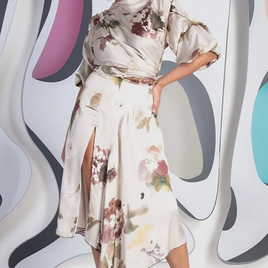 Kevan Jon Mila Champagne Print Pleat Dress for the mother of the bride