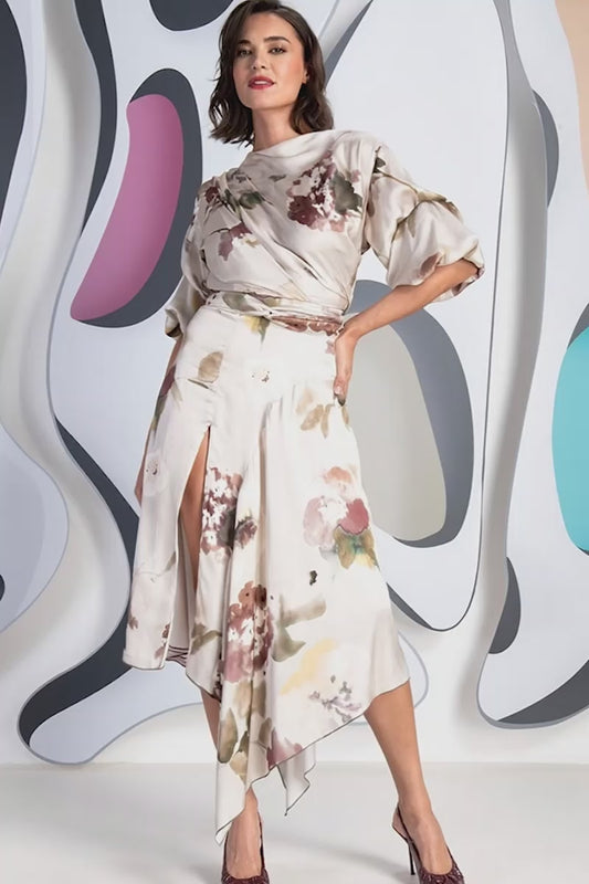 Kevan Jon Mila Champagne Print Pleat Dress