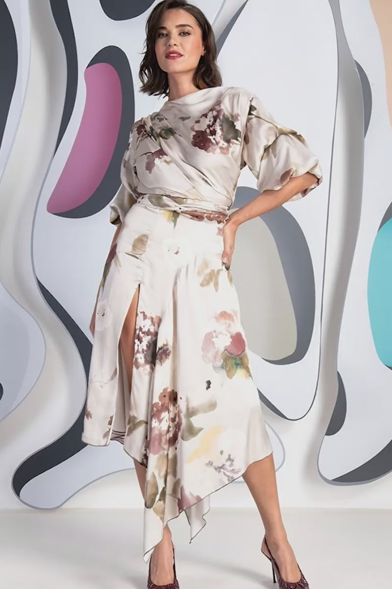 Kevan Jon Mila Champagne Print Pleat Dress for the mother of the bride