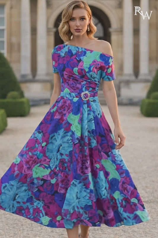 Labella 3419 Blue/Pink Patterned A Line Dress