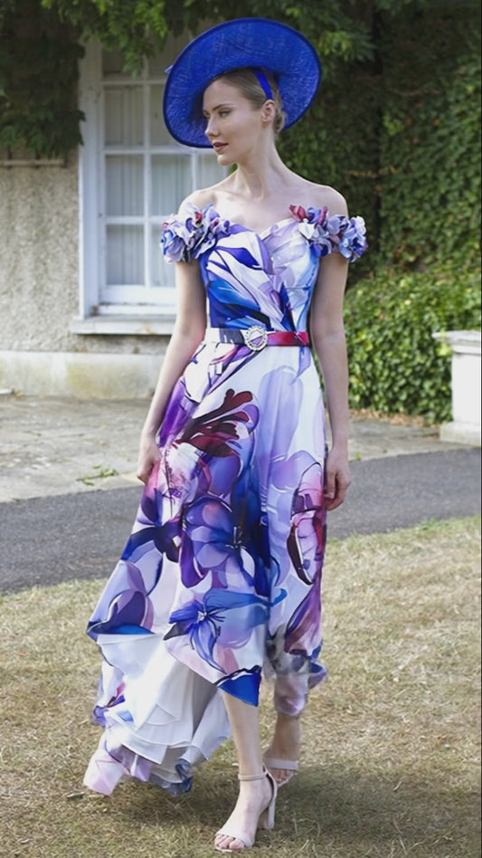 Labella 3434 Blue Floral Print A Line Dress