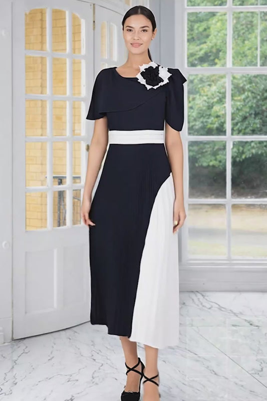 Lizabella 2386 Navy / Ivory Pleated Dress