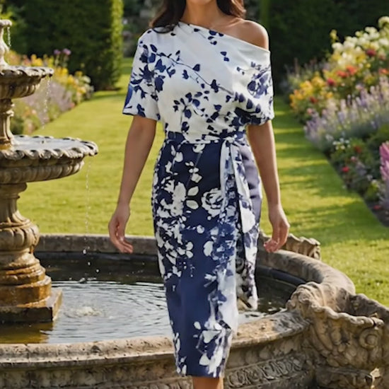 Veromia Occasions 3122 Navy Ivory Patterned Straight Dress