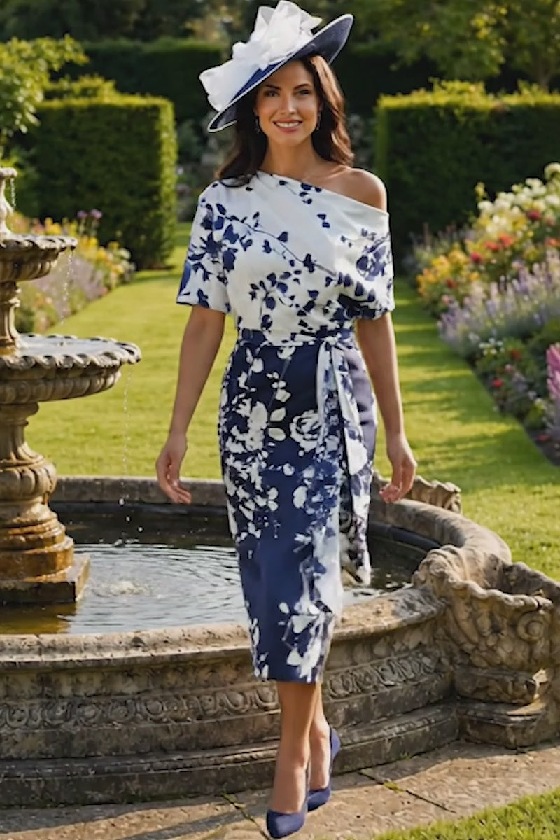 Veromia Occasions 3122 Navy Ivory Patterned Straight Dress