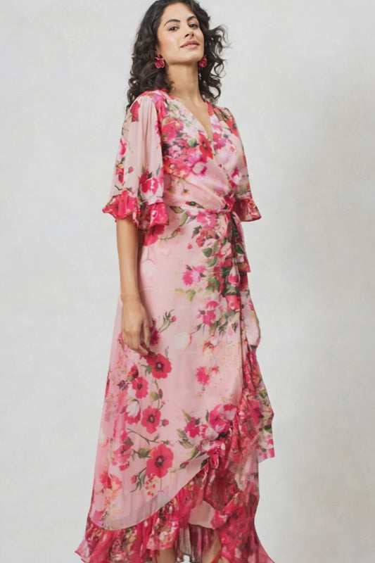 Hope & Ivy Fiona Pink Floral Wrap Dress