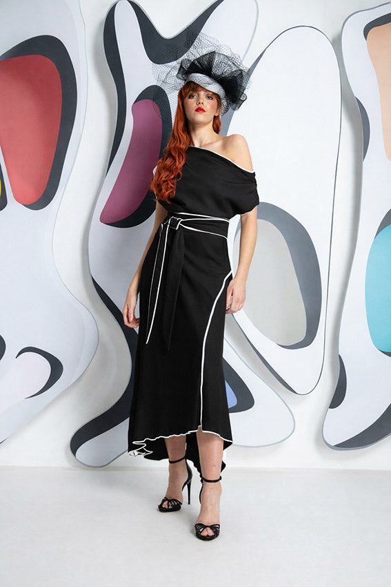 Kevan Jon Rosellon Black Drape Dress With White Piping