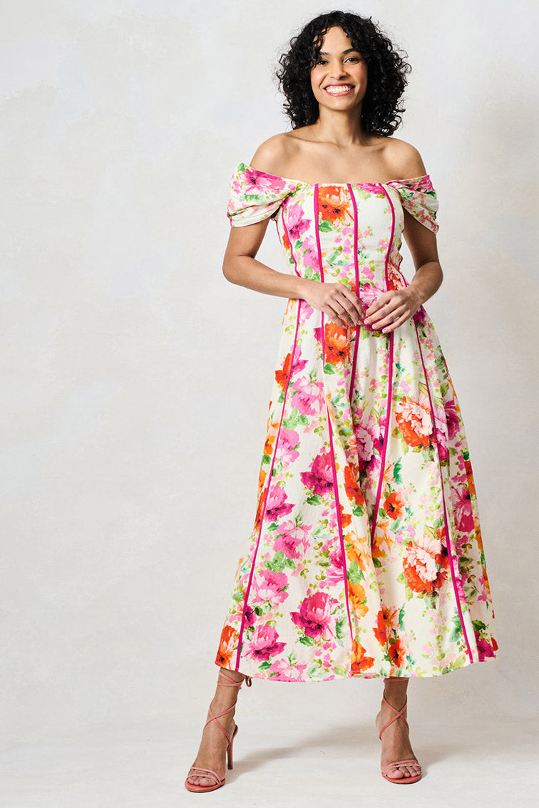 Hope & Ivy Shannon Bardot Sleeve Midi Dress