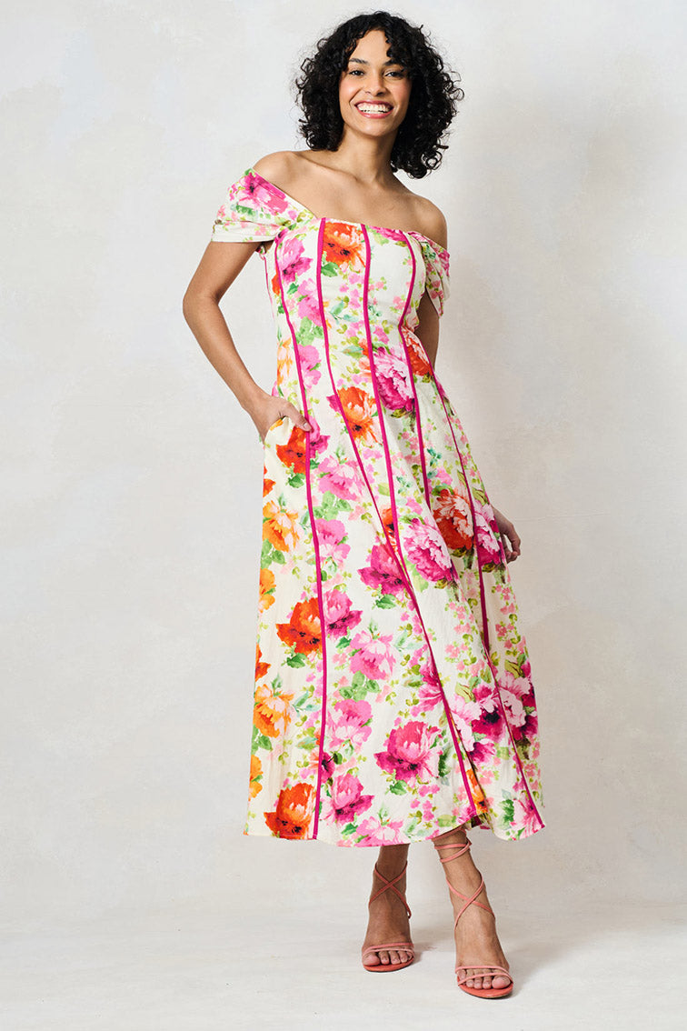 Hope & Ivy Shannon Bardot Sleeve Midi Dress